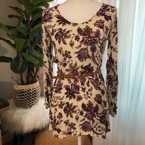 Cream, taupe and Purple Floral Design Tunic